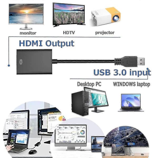 USB til HDMI-adapter, USB 3.0/2.0 til HDMI lyd- og videoadapter, HD 1080p videografikkabelkonverter til PC, bærbar computer HDTV TV kompatibel med Windows X