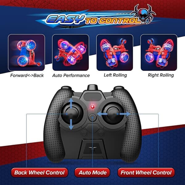 Spiderman Fjernstyret Bil, Genopladelig Stunt RC Bil med 360° Flips, 4WD, Sort black