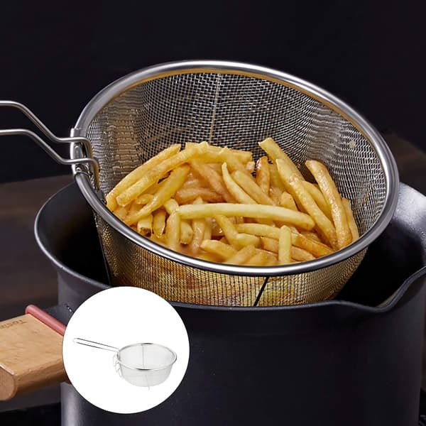 Fritøskurv i rustfritt stål, rund trådnetsfritøskurv med sammenleggbart håndtak, for kjøkkenfritering.