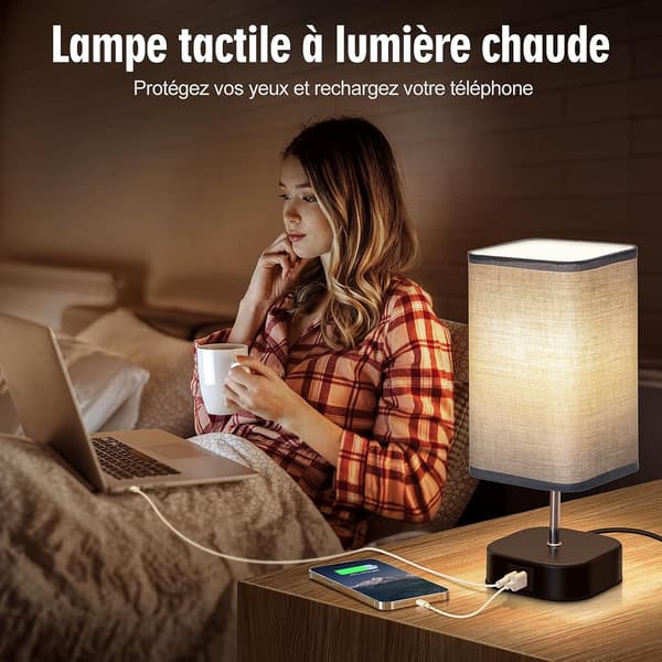 Touch Sengelampe Sett med 2 - 3 Intensitet Bordlamper med USB C+A Ladeport, Moderne Soveromslampeskjerm