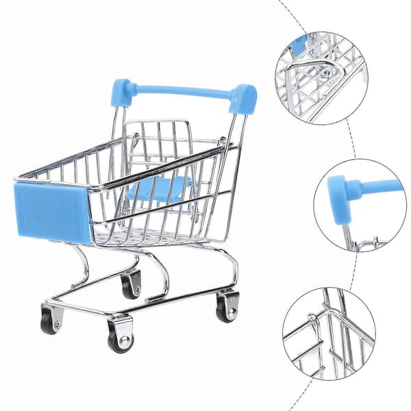 Mini handlekurv i metall for dekorasjon, lyseblå supermarkedsvogn