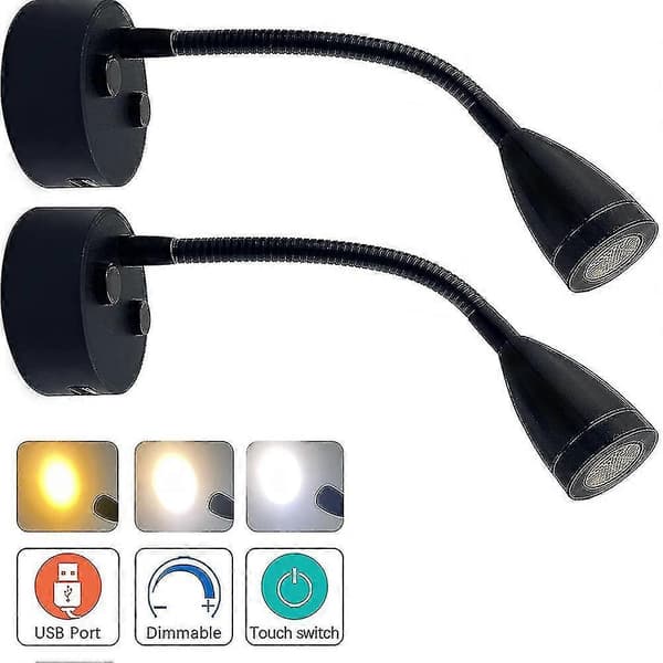 12v-24v LED Læselampe, Dæmpbar Læselampe til Autocamper med USB-oplader, til Autocamper, Lastbil, Trailer, RV Sengelampe, 2 stk-sort
