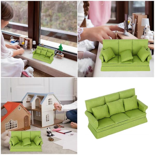 Soveværelse Tresædet Sofa Miniature Møbelmodel Tilbehør Rollespil Møbler Lys Sofa til Dukkehus Æblegrøn Apple green