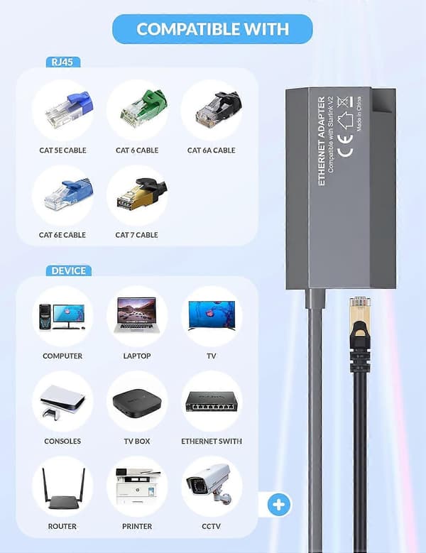Starlink Ethernet-adapter - Gen 2 til RJ45 Gigabit Ethernet, rask og stabil nettverkstilkobling, grå