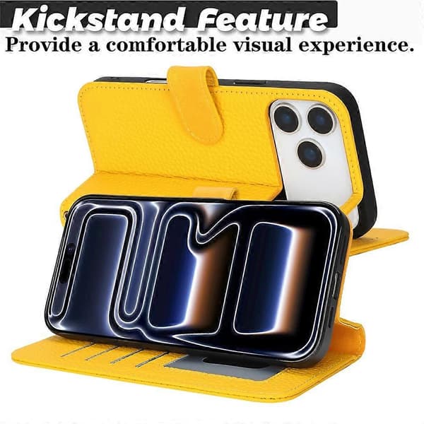 Kompatibelt för iPhone 17 Pro Ställfodral Litchi Textur Äkta Läder Plånbok Telefonfodral RFID Yellow