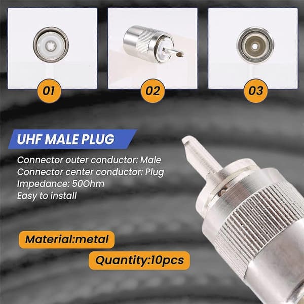 10 stk. plugg UHF hann PL259 plugg lodde RG8 RG213 LMR400 7D-FB kabel sølv-Perfet