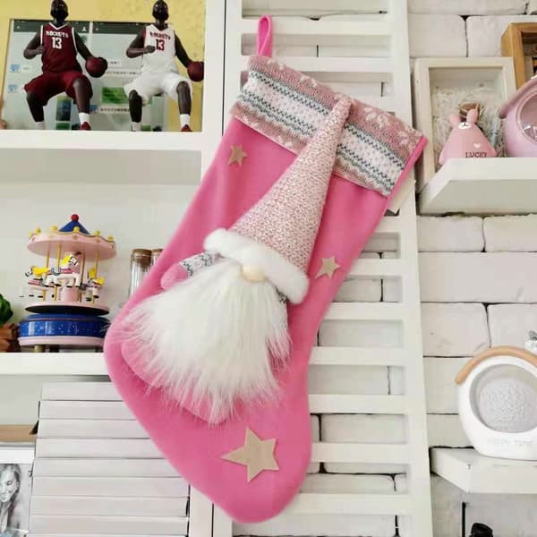 (45*23cm) Pink Julemandssok Gnom Tomte Dværg Svensk Julemand Julepose til Juletræspynt Ild