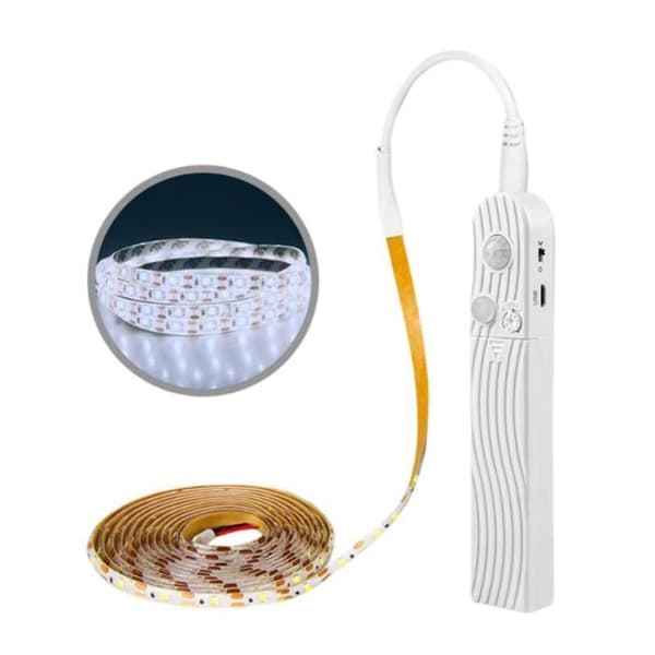 Oppladbar LED-lyslist med bevegelsessensor og dimbar intensitet for garderober, ganger, trapper (3m, kaldhvit)