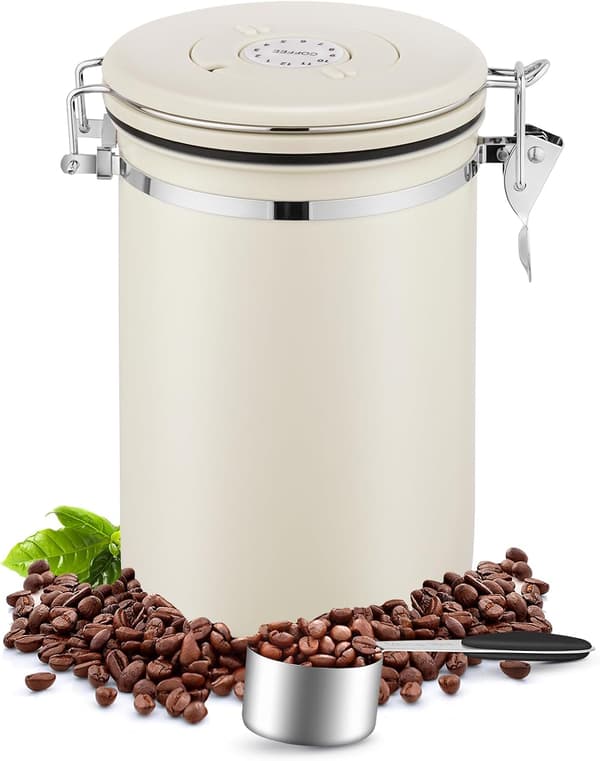 Lufttæt kaffebeholder i 304 rustfrit stål med CO2-ventil og ske, 1,8L