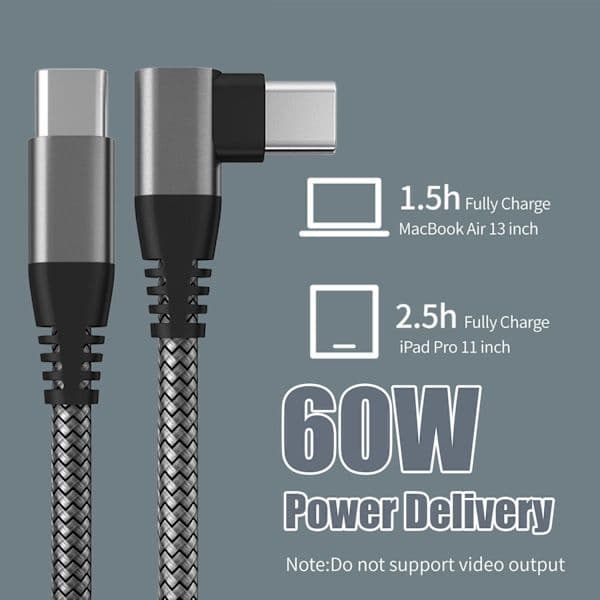 USB-C charger with angled connector 60 W PD fast charging Black 1 m Black 1 m