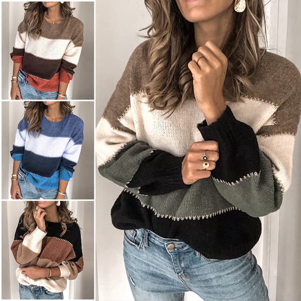 Dame oversized fargeblokk genser løs stripete tykk genser grå grå XL