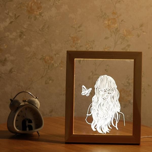 3D Fotoramme Lysende LED Natlys Træpige Jule USB Lampe—ls