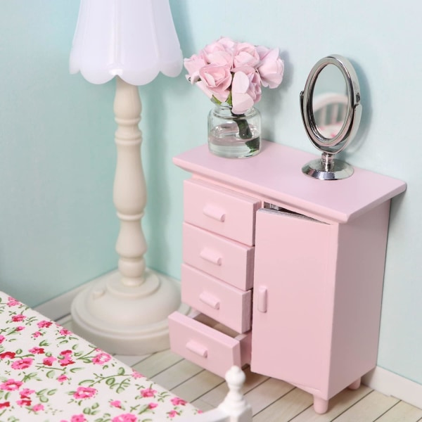 Dukkehus Natbord Miniature træ sengebord Møbelskab til minihus skænk tilbehør Stue Scene (Pink)