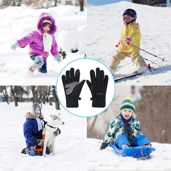 Barn Termiska Handskar Vinter Polar Fleece Pekskärm Handskar för Pojkar Flickor Anti-Slip Varma Barnvantar Utomhus Isolerad, Svart, M