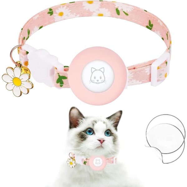 Airtag kattehalsbånd - Silikonstøtte kattungehalsbånd - Lett GPS-sporing - Bells and Flower Charm - Rosa