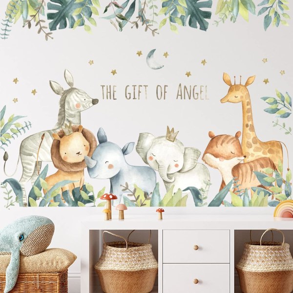 Djur Väggklistermärke Gröna Blad Väggdekal Söta Elefant Giraff Zebra Väggdekaler Seriefigur Måne Stjärnor Väggmålning för Barnkammare Barnrum