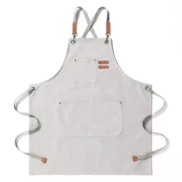 Mænds Unisex Canvas Denim Forklæde Køkken Madlavning Workshop Vaskbar Arbejdsforklæder Off-white