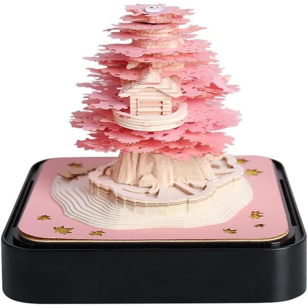 2024 Pöytäkalenteri valoilla 3D Muistilehtiö Paperitaide Sakura Tree Creative 3D Pöytäkalenteri Post Notepad Muistilehtiö Paper Art Temple-D