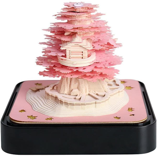 2024 Skrivbordsalmanacka med lampor 3D Memo Pad Papperskonst Sakura Träd Kreativ 3D Skrivbordsalmanacka Post-it-lappar Anteckningsblock Papperskonst Temple-D