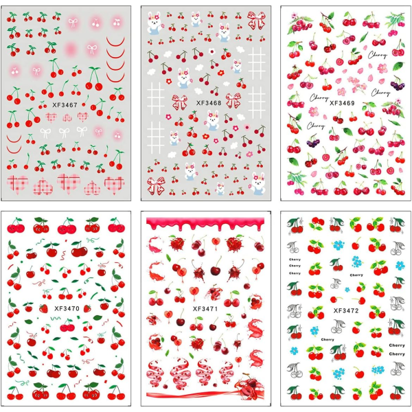 6 ark med kirsebær-neglekunst-klistremerker, klistremerker med fruktdesign, selvklebende klistremerker, kirsebær-sløyfe-negleklistremerker for DIY-manikyrdekorasjon