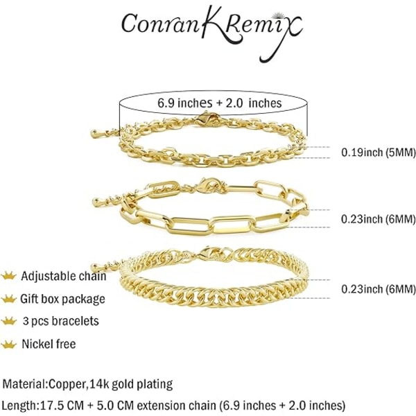 Guldkæde armbåndssæt til kvinder piger 14K guldbelagte Dainty Link Papirclips Armbånd Stake Justerbar Lagdelt Metal Link Armbånd Sæt