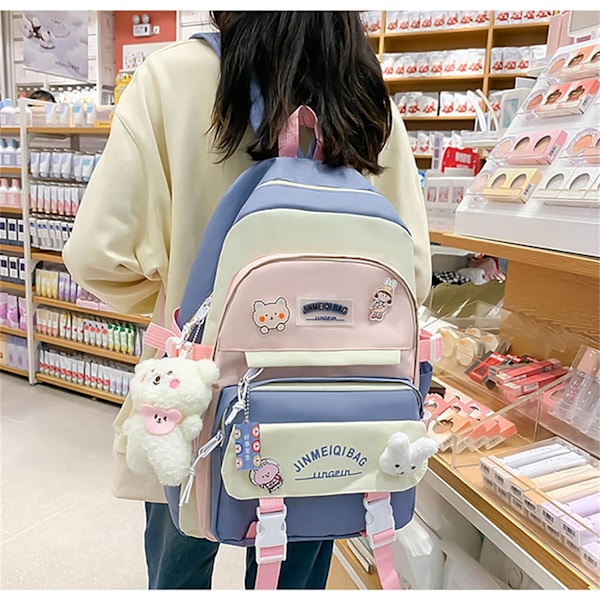 Kawaii ryggsekksett med 5 deler estetisk ryggsekk for skole tenåringsjenter daglige nødvendigheter med sjarm og pins, pennal, tote bag, liten veske.