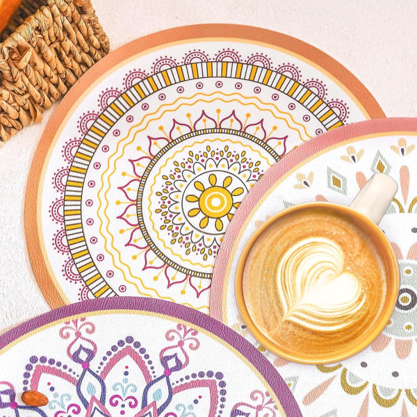 Bohemian Print Round Mandala Placemats PVC Set of 6 Placemats Washable Heat Resistant Non-Slip Table Mat for Kitchen(B)