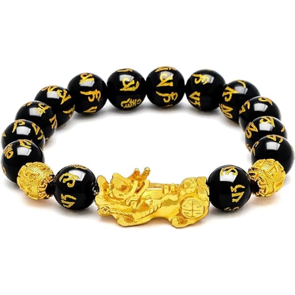 Feng Shui sort Obsidian rigdomsarmbånd, Feng Shui Pi Xiu 14mm sort håndskåret Mantra justerbar elastisk perle armbånd