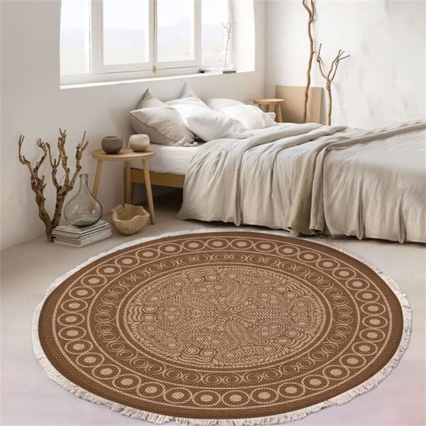 Rundt vævet bomuldstæppe, bøhmisk mandala tæppe med frynser, skridsikkert tæppe til stue (60 cm, brunt)