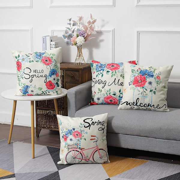 Vårfarge putetrekk 18x18 sett med 4 dekorative putetrekk Blomster putetrekk Pudetrekk for sofa seng stol utendørs hjemmedekor