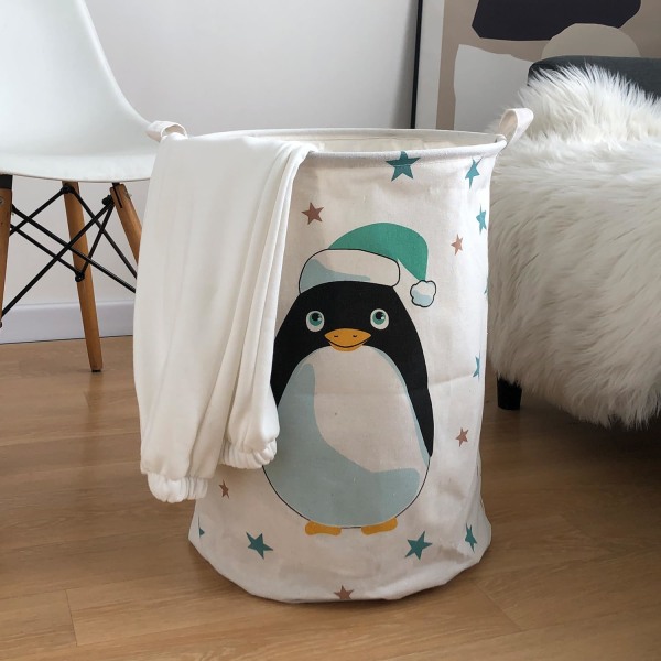 Leksaksförvaringskorg, stor, lätt hopfällbar canvas tvättkorg för förvaring av leksaker, smutsiga kläder, för sovsalar, barnrum, badrum (pingvin)
