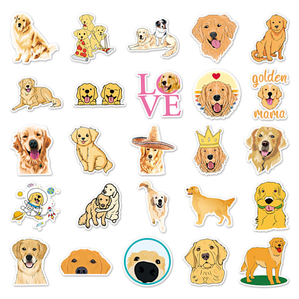 Golden Retriever-klistermærker | 50 stk. | Søde hundevynil-klistermærker, der er vandtætte til bærbare computere, telefoner, bagage, kolber, vandflasker, cykler, biler, tablets, klistermærkepakke