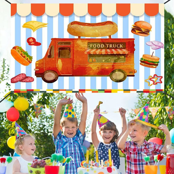 Food Truck Fotografi Bakgrund Burger Hot Dog Ost Skinka Lök Bakgrund Fest Dekorationer Baby Shower Födelsedagstårta Bordsdekorationer Banner