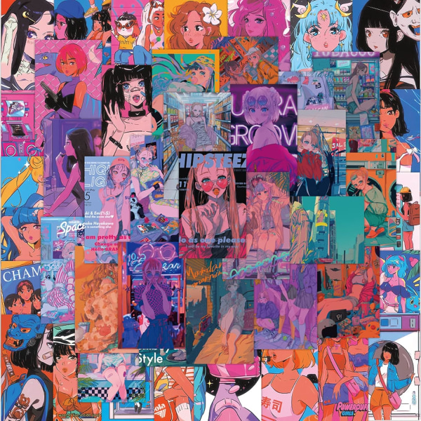 50 stk japanske anime piger klistermærker til børn voksne, vinyl vandtæt retro plakat mærkater til bærbar computer vandflaske guitar telefon bagage skateboard cykel