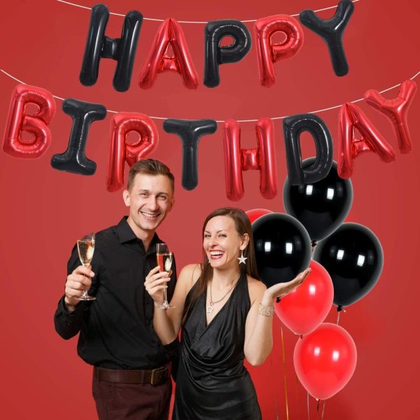 Happy Birthday Balloons -banneri nauhapillillä, 16 tuuman Mylar Letters -syntymäpäiväkylttibanneri Ilmapallosirkku Uudelleenkäytettävä (musta punainen)