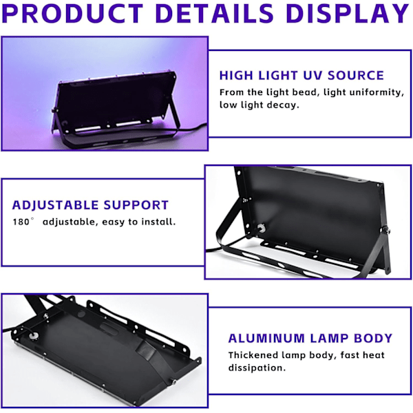 LED Sort Lys Floodlight, 100W UV Sort Lys Lampe med Stik, 96 Sort Lys LED'er med Afbryder, IP65 Vandafvisende UV Floodlight Forlygte [Energiklasse A] 100W