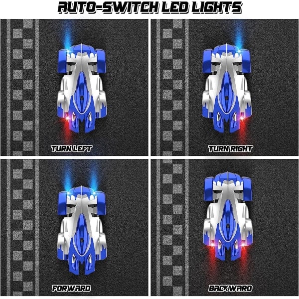 Seinäkiipeilykauko-ohjattava auto, 360° kiertävä kaksoistila RC-temppuauto, lelut 4 5 6 7 8 9 vuotiaille pojille, latautuva leluauto valolla blue