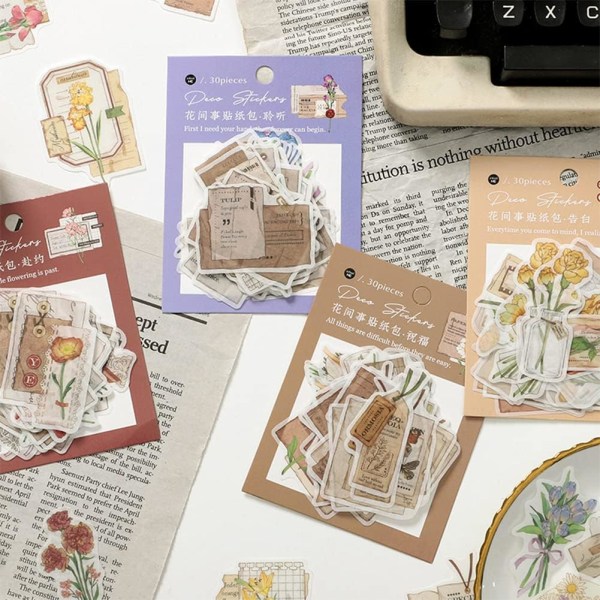 Skrapbok klistremerker 4 pakker, 30 stykker hver for søppelkule vannflasker bærbar PC, papir estetiske dekor klistremerker journalføring rekvisita-Retro blomsterserie