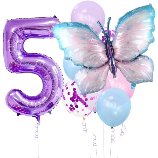 Butterfly First Fødselsdagspynt til piger, Butterfly Fødselsdagspynt, 9 stk. Nummer 1 Sommerfugleballoner Butterfly Decor(fem)