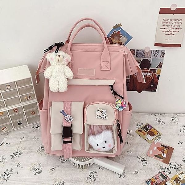 Kawaii Ryggsäck med söta stifttillbehör Plyschhänge Kawaii Skolryggsäck Söt Estetisk Ryggsäck-rosa