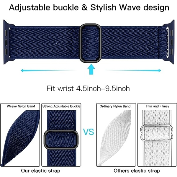 Elastiske bånd, der er kompatible med Apple Watch-bånd, elastisk solo-løkke, blød nylonrem, erstatningsbånd til kvinder, mænd/midnatsblå/størrelse: 42/44/45 mm