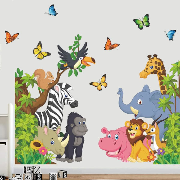 Tegneserie Dyre Vægklistermærke Jungle Dyr Vægklistermærker Elefant Løve Zebra Sommerfugl Vægindretning Til Børn Baby DIY Vinyl Murmaleri Kunst