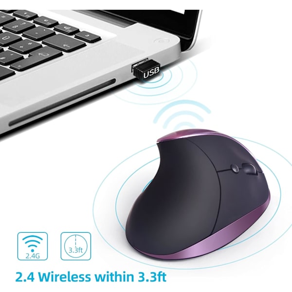 Ergonomisk mus trådløs, genopladelig vertikal mus højrehåndet lille mus med 6 knapper 3 justerbare 1000/1200/1600 DPI til bærbar computer, stationær pc