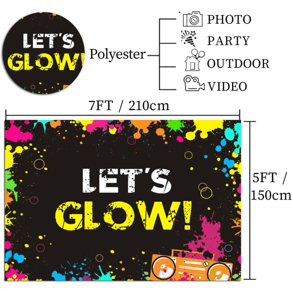 La oss gløde Splatter Fotografi Bakgrunner Glow Party Dekorasjon Rekvisita Fotoboks Studio Rekvisita Vinyl Svart Bakgrunn 7x5ft