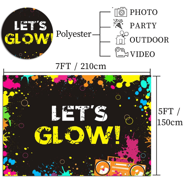 Let's Glow Splatter Fotografibakgrunner Glow Festdekorasjonsutstyr Fotoboks Studiorekvisitter Vinyl Svart bakgrunn 7x5ft