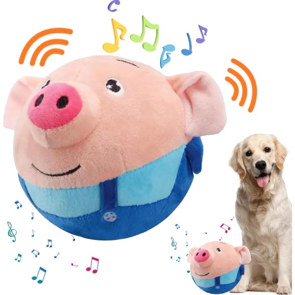 Aktiv rörlig plyschleksak för husdjur, interaktiv hundleksak studsande bollar, USB uppladdningsbar interaktiv tvättbar tecknad grisplysch ljud elektronisk (blå)