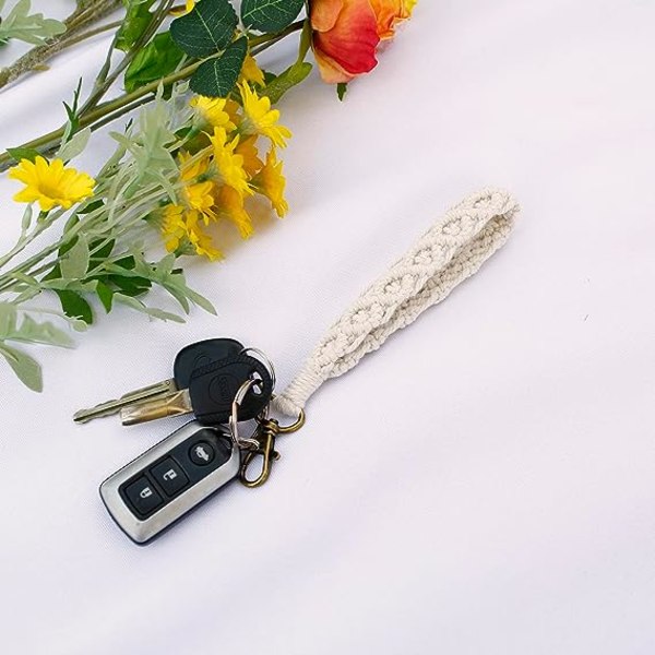 Boho Makrame Nøkkelring Armbånd Håndlaget Håndleddsrem Nøkkelringholder Håndleddsbånd for Kvinner Jenter