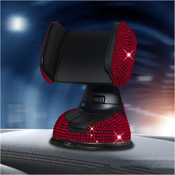 2 stk krystall rhinestone mobiltelefonholder diamant mobiltelefonholder bilnavigasjon brakett suge roterende kopp telefonholder (farge: rød)