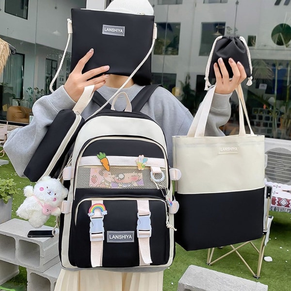 5 st Kawaii ryggsäck Söt ryggsäck Estetisk ryggsäck Preppy ryggsäck Set Kawaii skolmaterial med tillbehör (svart)