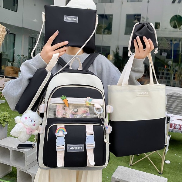 5Pcs Kawaii Backpack Cute Backpack Aesthetic Backpack Preppy Backpack Set Kawaii School Supplies with Accessories (Black)